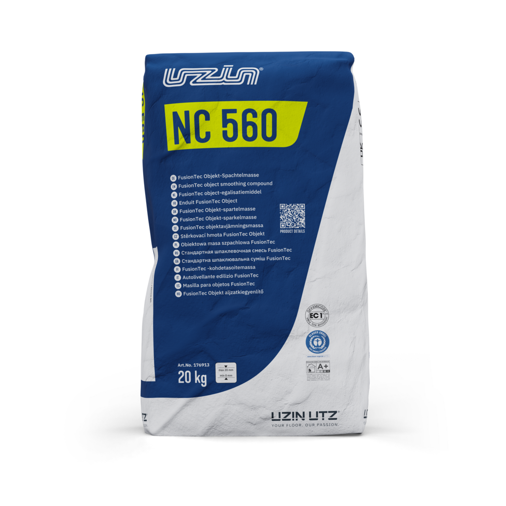 A 20 kg blue and white bag of Uzin NC 560 smoothing compound with green and white labeling and product details printed on the front. A 20 kg blue and white bag of Uzin NC 560 smoothing compound with green and white labeling and product details printed on the front.