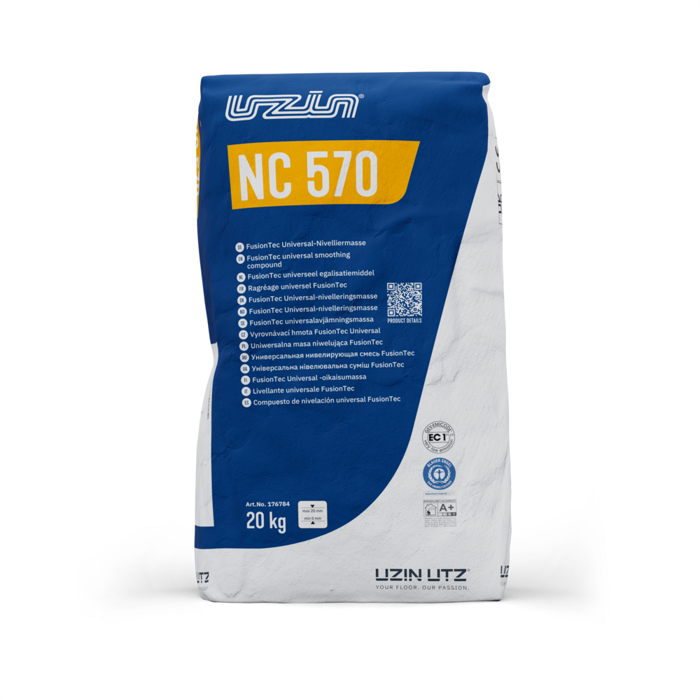 A 20 kg blue and white bag of Uzin NC 570 smoothing compound with yellow and white labeling and product details printed on the front. A 20 kg blue and white bag of Uzin NC 570 smoothing compound with yellow and white labeling and product details printed on the front.