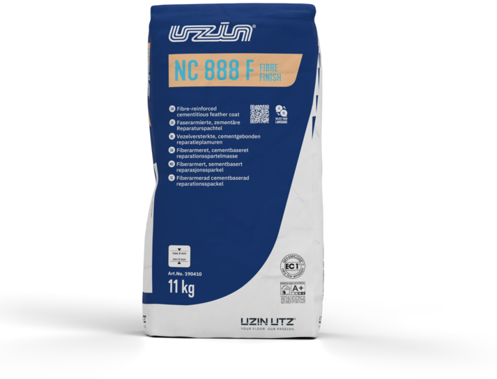 A blue and white 11 kg bag of UZIN NC 888 F Fibre Finish cementitious feather coat stands upright, featuring product details and specifications in multiple languages on the front. A blue and white 11 kg bag of UZIN NC 888 F Fibre Finish cementitious feather coat stands upright, featuring product details and specifications in multiple languages on the front.