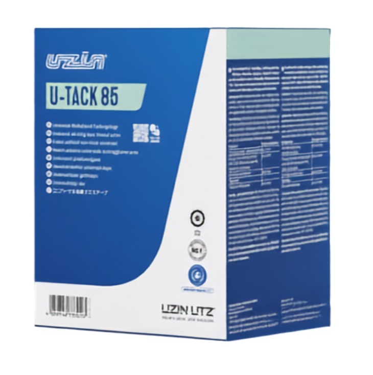 A blue and white box labeled UZIN U-TACK 85 with text, icons, and symbols on the front and side panels, indicating product details and instructions.