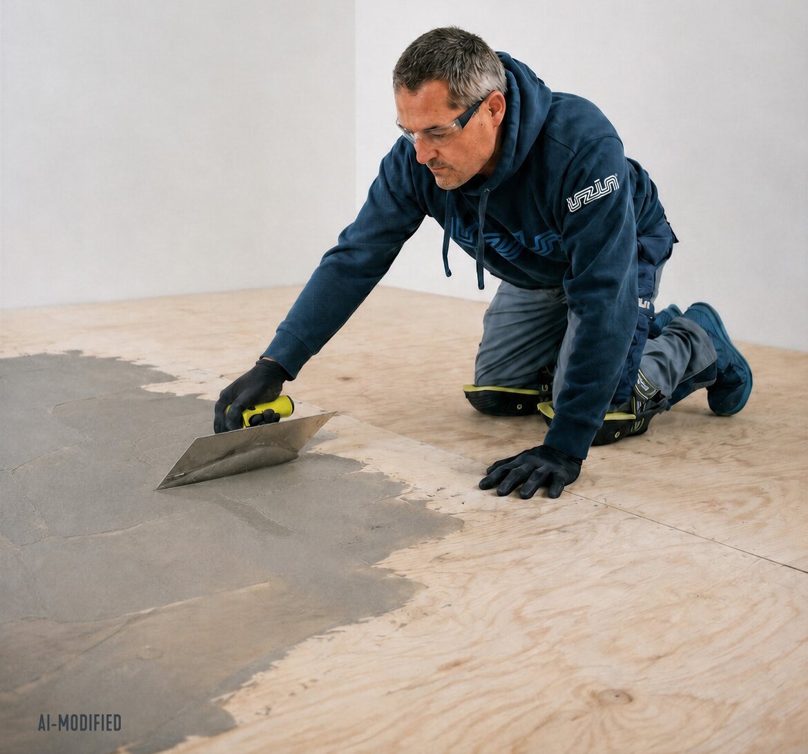 A person wearing gloves and kneepads spreads UZIN NC 888 F Fibre Finish, feather coat on a plywood floor with a trowel A person wearing gloves and kneepads spreads UZIN NC 888 F Fibre Finish, feather coat on a plywood floor with a trowel