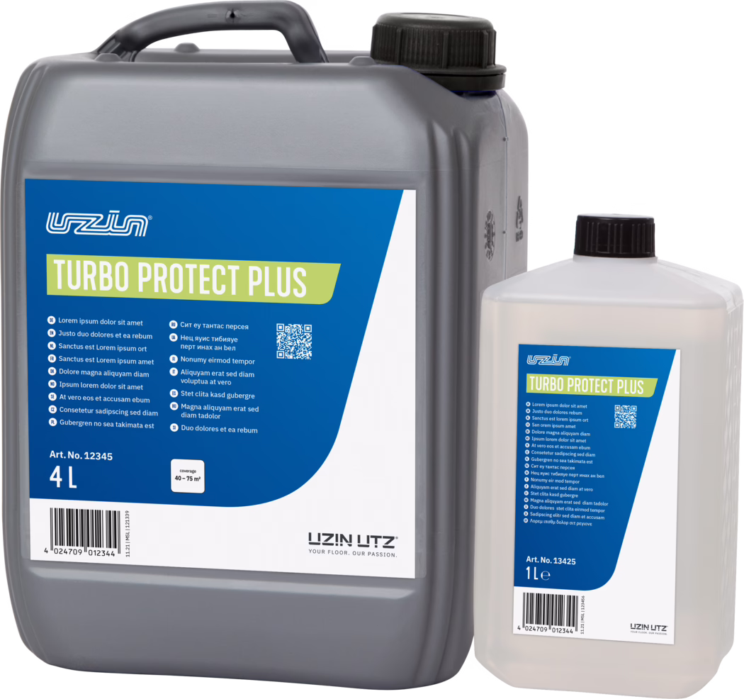 UZIN_Dummy_Turbo Protect Plus_INT_2022-01 Close-up photo of two plastic canisters: a large gray 4‑litre jerrycan on the left and a smaller semi‑transparent 1‑litre bottle on the right. Both containers feature blue rectangular labels with green accents reading 'TURBO PROTECT PLUS' and the UZIN UTZ logo. The gray jerrycan has a black screw cap and an integrated handle on top; the white bottle also has a black cap. Labels display small multilingual text lines, a QR code, product article numbers (Art. No. 12345 and 13425), a barcode and coverage information. The items are photographed against a white background with focus on the labels, caps and upper parts of the vessels.
