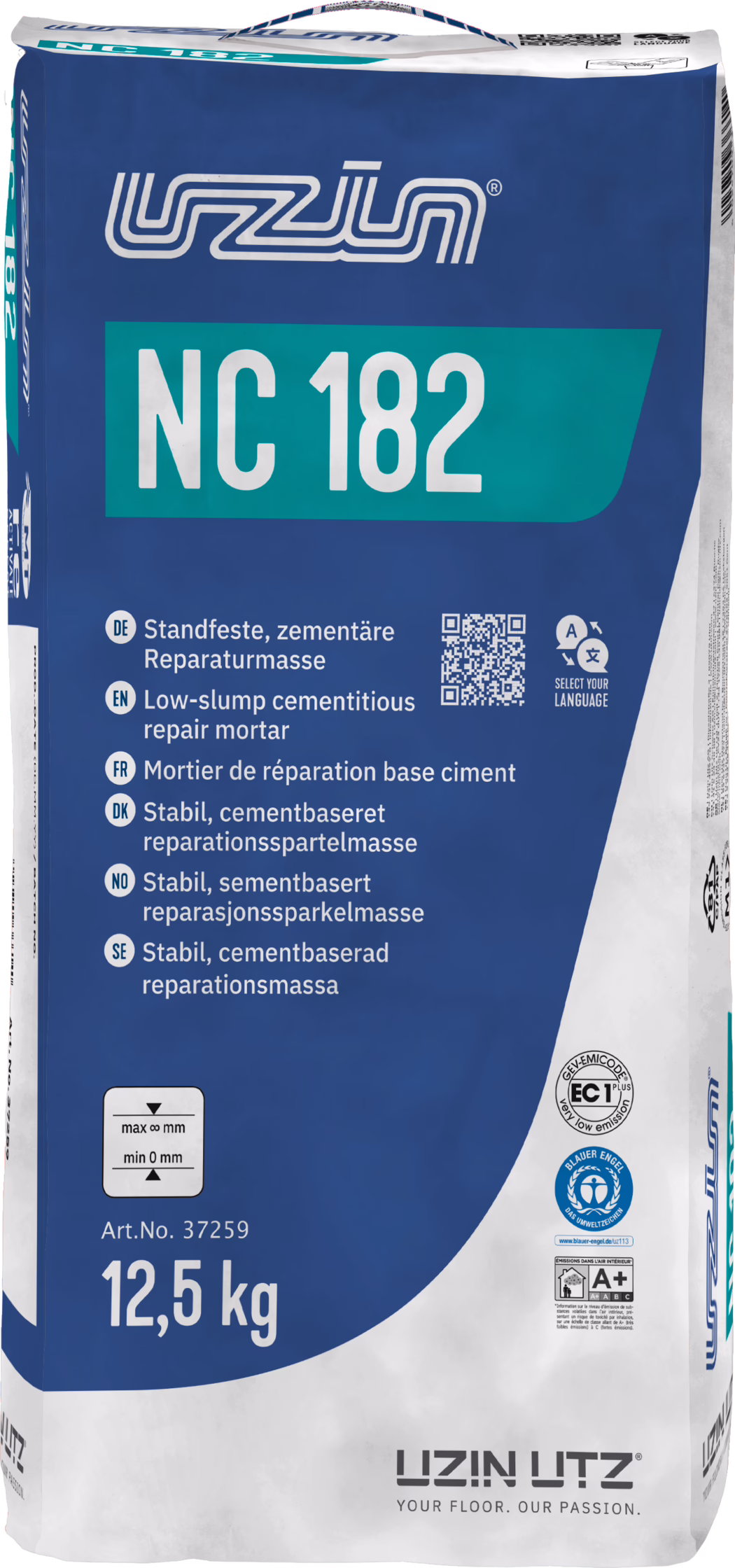 UZIN_Dummy_NC 182-12,5kg_2025-09 Blue and white 12.5 kg bag of UZIN UTZ NC 182 low-slump cementitious repair mortar with large NC 182 label, multilingual product descriptions, QR code, certification logos (EC1, Blue Angel, A+), article number 37259, top carrying handle and brand logo.