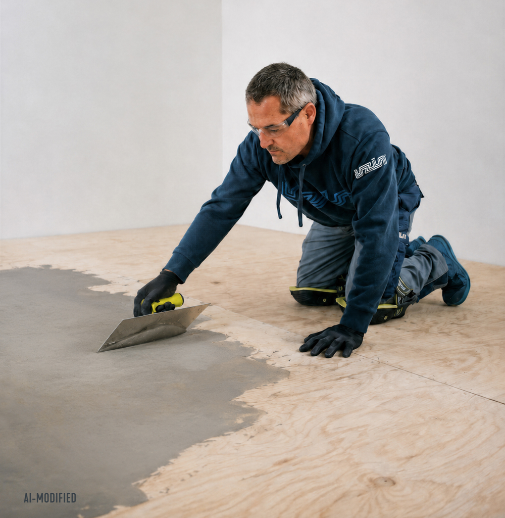 A person wearing gloves and kneepads spreads UZIN NC 888 F Fibre Finish, feather coat on a plywood floor with a trowel A person wearing gloves and kneepads spreads UZIN NC 888 F Fibre Finish, feather coat on a plywood floor with a trowel