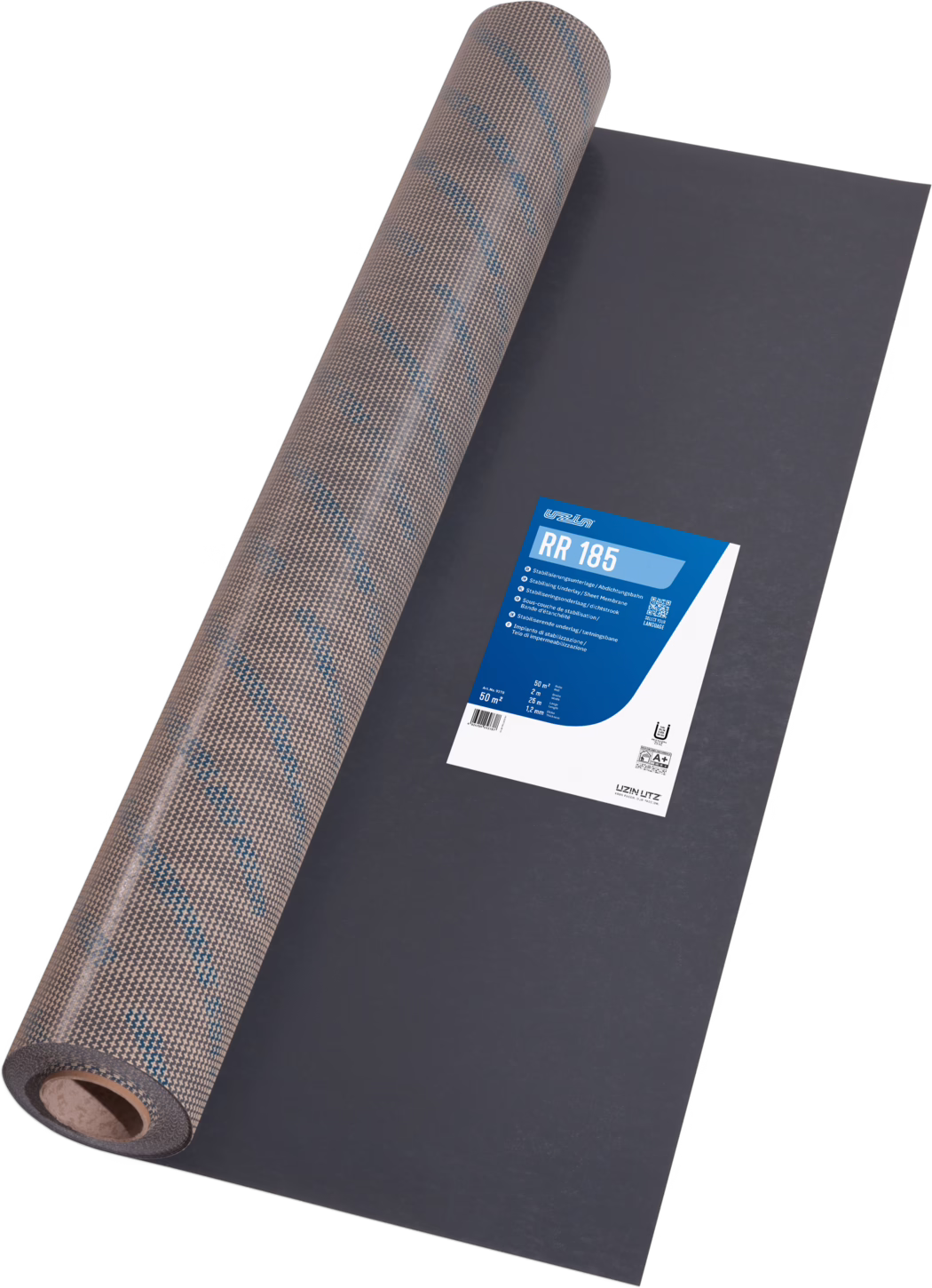 UZIN_Dummy_RR 185_2024-06 Roll of roofing underlay partially unrolled on a flat surface, showing a textured brown upper layer with subtle blue diagonal lines and a dark grey underside; a blue-and-white product label reads 'RR 185' with technical details.